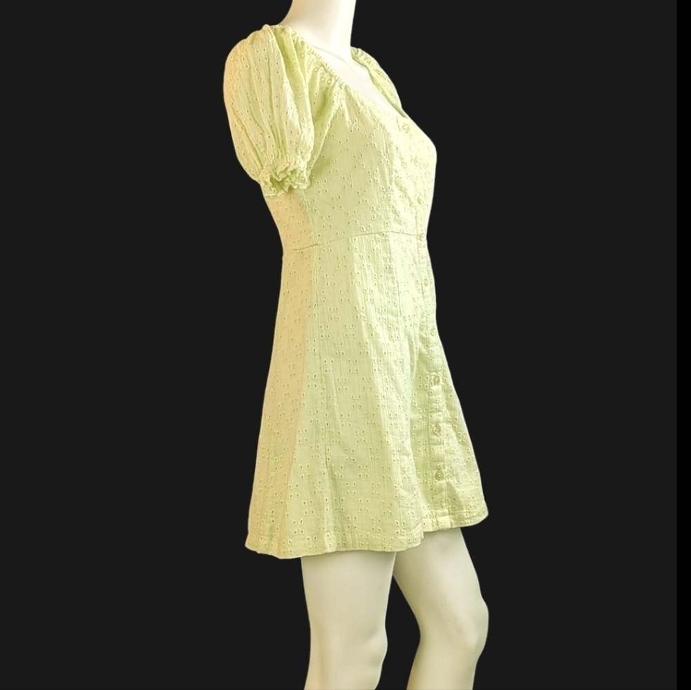 BP Eyelet Mini-Dress, Button Front Puffed Sleeves Lemon Lime Color - Picture 8 of 12